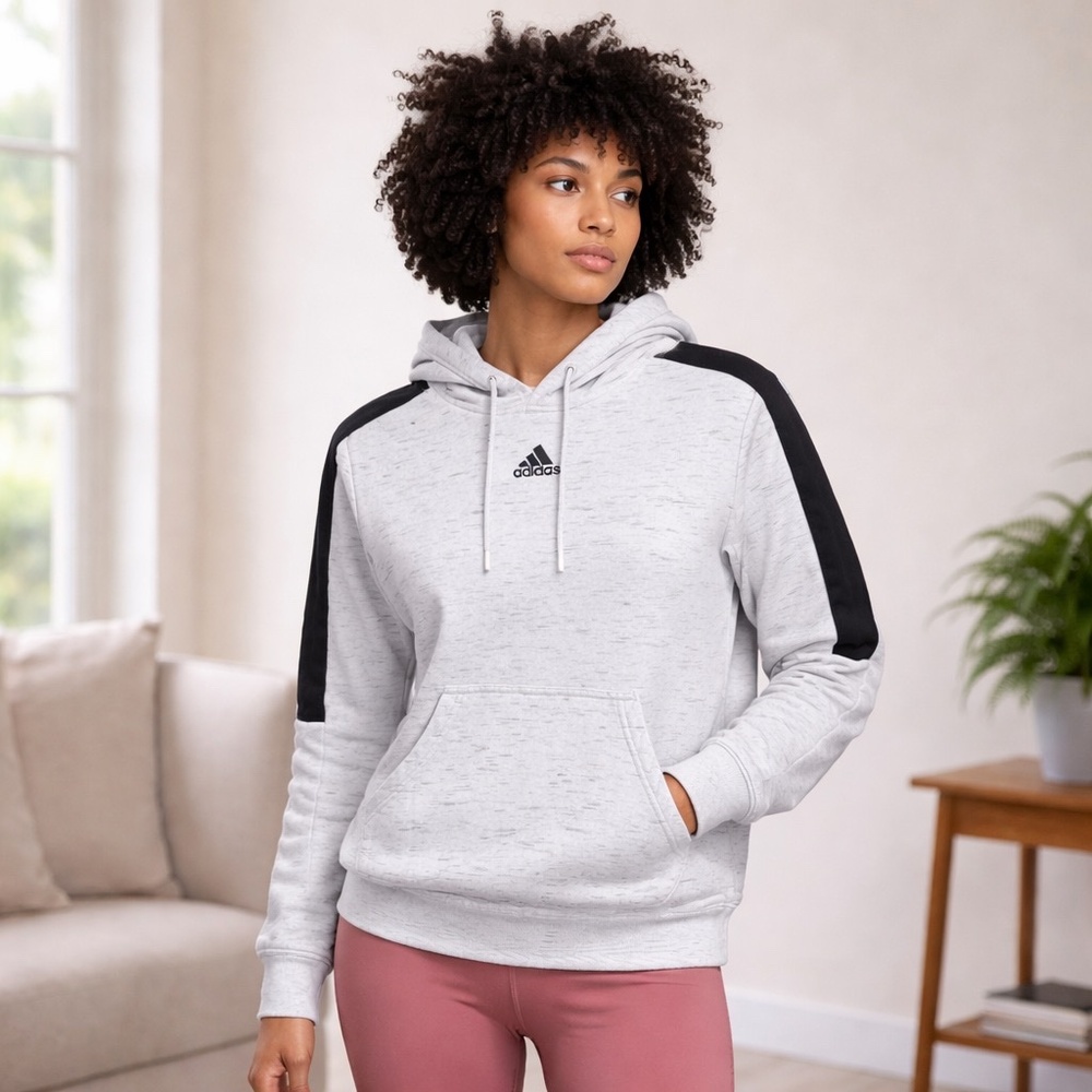 Adidas Relaxed Fit Hoodie‎ Kangaroo Pocket Heather Gray Black